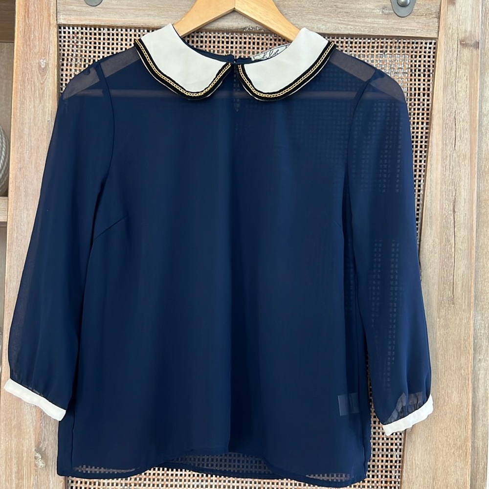 Nordstrom Peter Pan Baby Collar Navy Blue and Cream Sheer Long sleeve Top Blouse